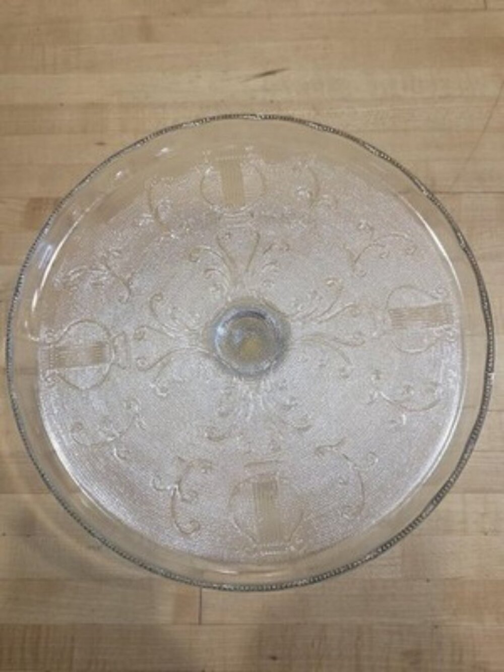 Vintage Jeannette Glass Harp Lyre Pedestal Cake Stand Gold Trim 10 Inch 1950s